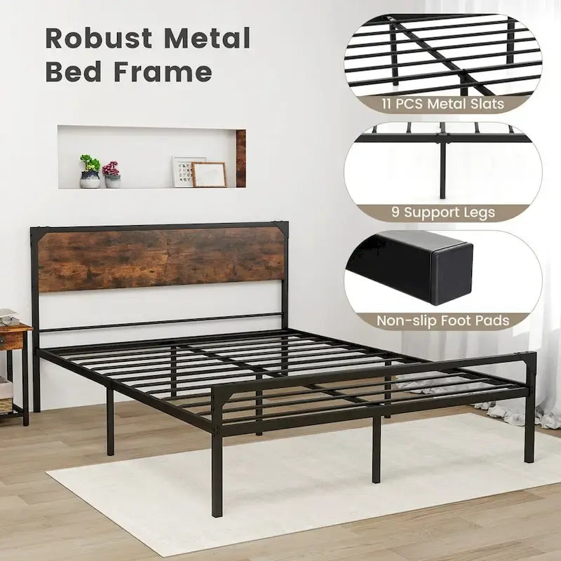 Cama de plataforma rústica de tamaño matrimonial/queen con cabecera y pie de cama