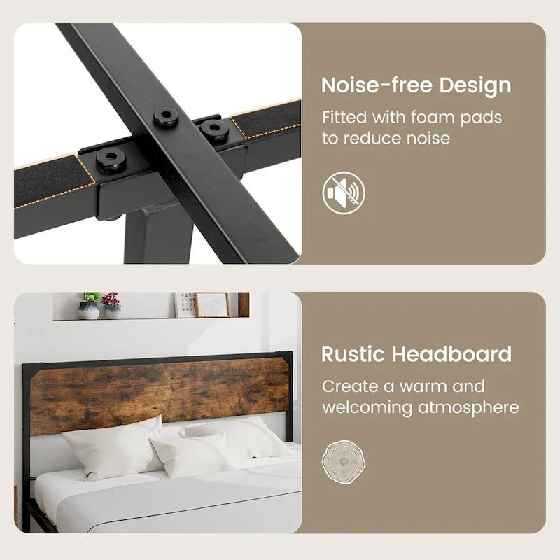 Cama de plataforma rústica de tamaño matrimonial/queen con cabecera y pie de cama