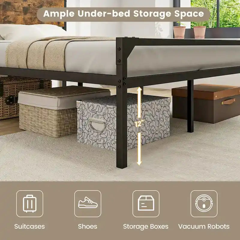 Cama de plataforma rústica de tamaño matrimonial/queen con cabecera y pie de cama