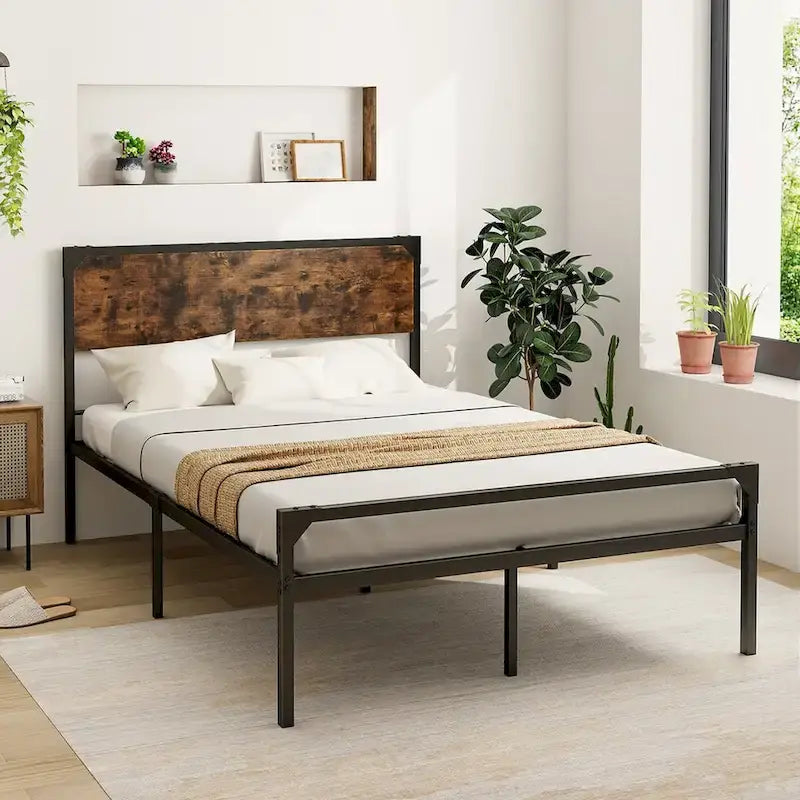 Cama de plataforma rústica de tamaño matrimonial/queen con cabecera y pie de cama