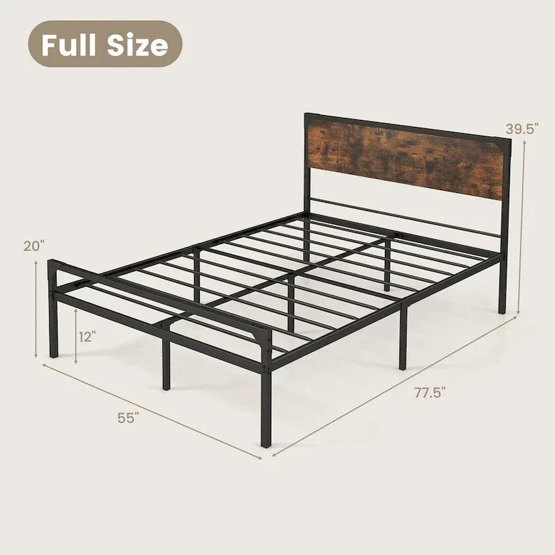 Cama de plataforma rústica de tamaño matrimonial/queen con cabecera y pie de cama