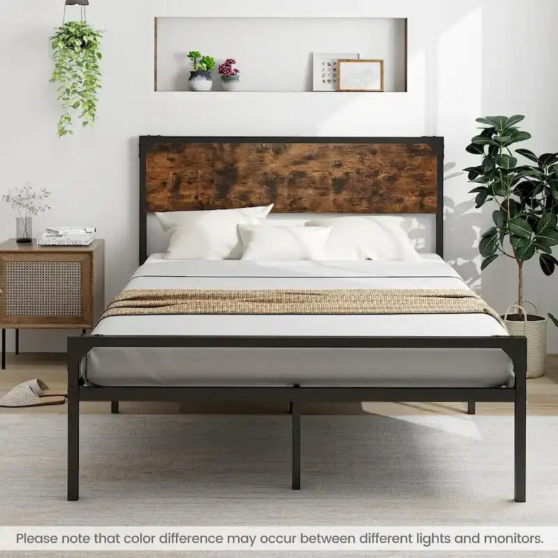 Cama de plataforma rústica de tamaño matrimonial/queen con cabecera y pie de cama