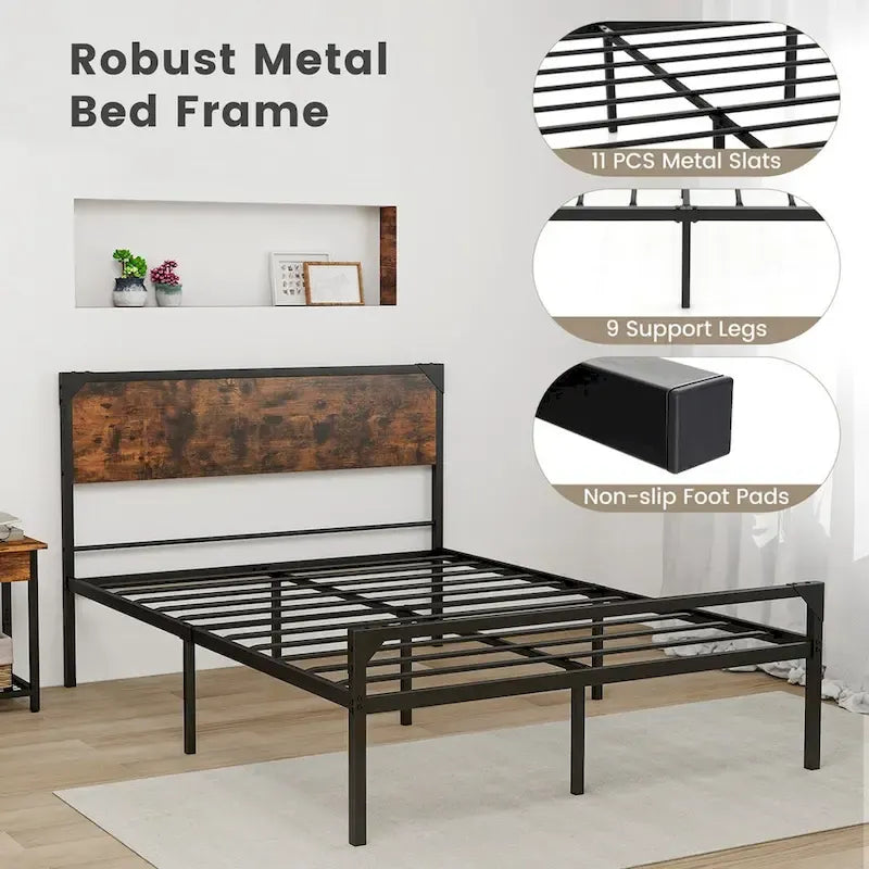 Cama de plataforma rústica de tamaño matrimonial/queen con cabecera y pie de cama