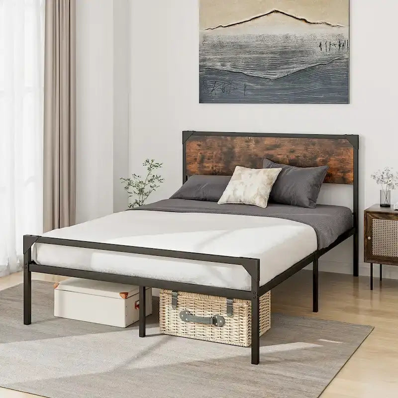 Cama de plataforma rústica de tamaño matrimonial/queen con cabecera y pie de cama