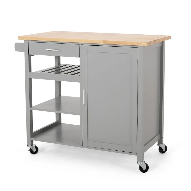 Chariot de cuisine moderne en bois (avec roulettes, tiroir et placard de rangement)