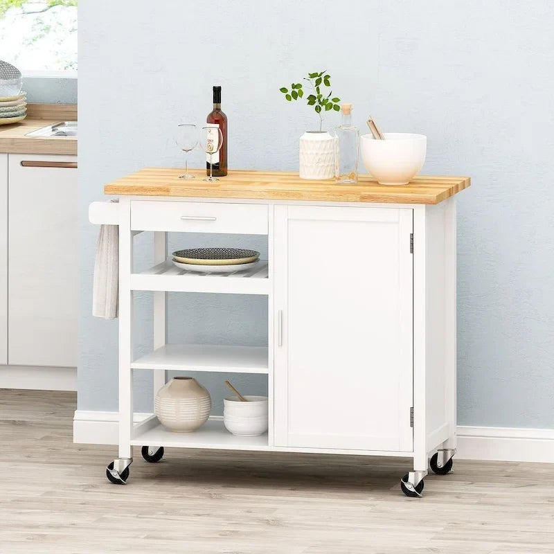 Chariot de cuisine moderne en bois (avec roulettes, tiroir et placard de rangement)