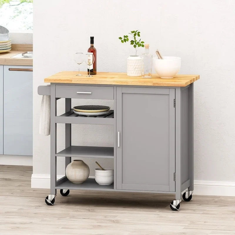 Chariot de cuisine moderne en bois (avec roulettes, tiroir et placard de rangement)