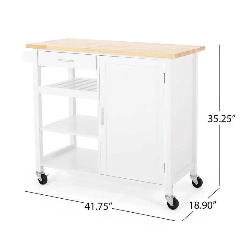Chariot de cuisine moderne en bois (avec roulettes, tiroir et placard de rangement)
