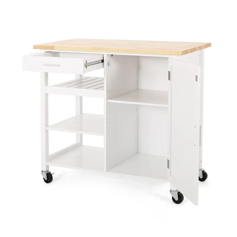 Chariot de cuisine moderne en bois (avec roulettes, tiroir et placard de rangement)