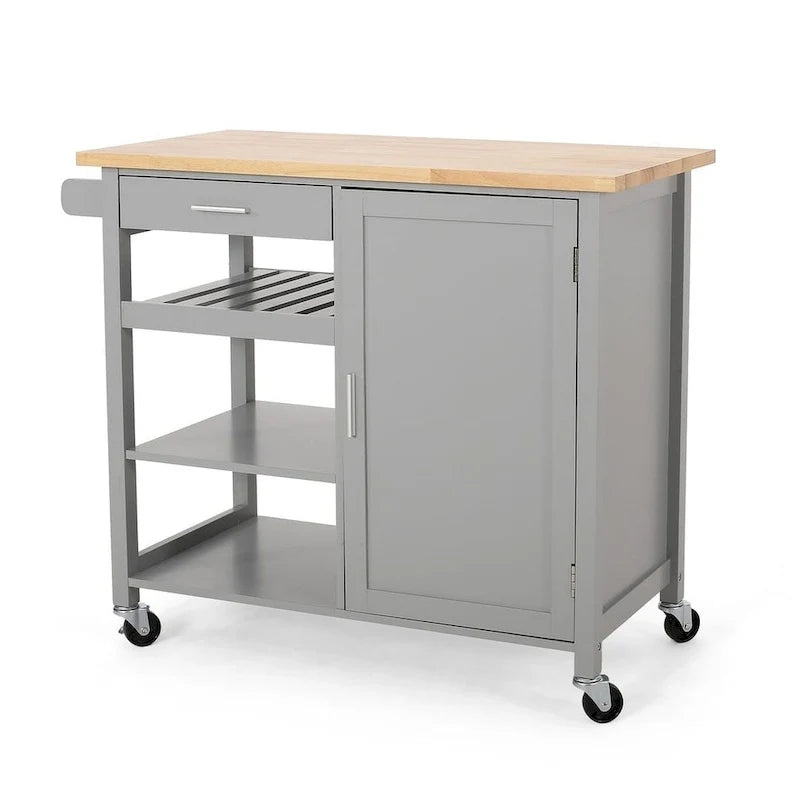 Chariot de cuisine moderne en bois (avec roulettes, tiroir et placard de rangement)