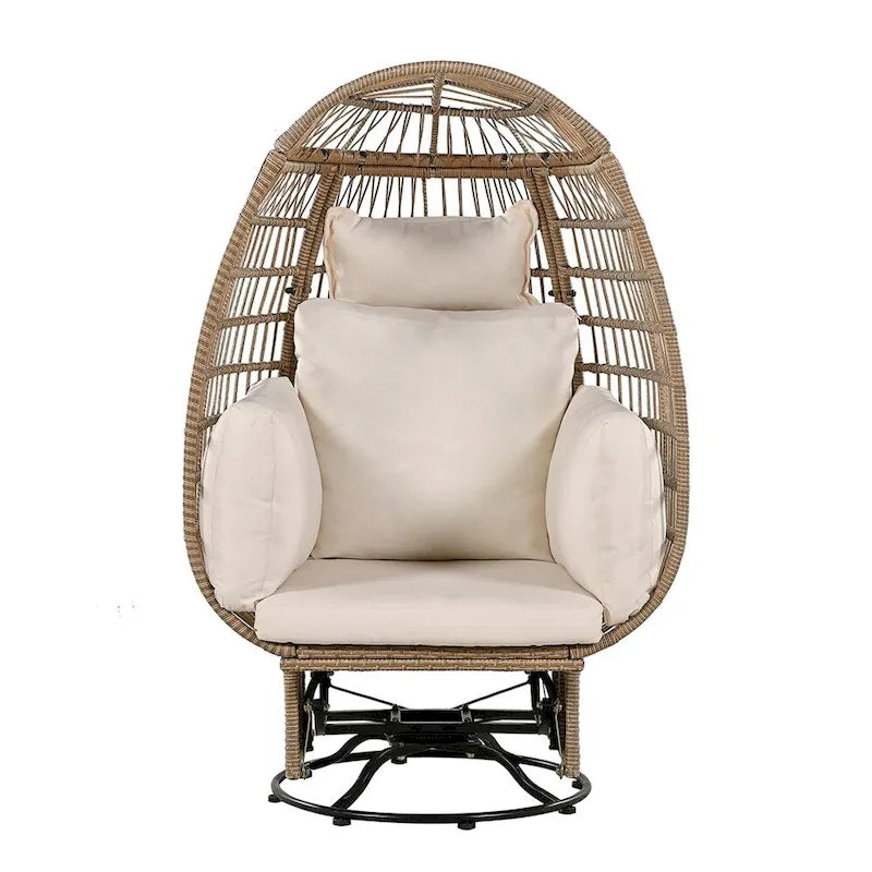Fauteuil pivotant œuf en rotin pour terrasse, avec coussins et fonction bascule