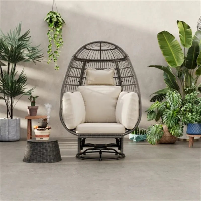 Drehbarer Ei-Sessel aus Rattan für die Terrasse, mit Kissen und Schaukel-Funktion