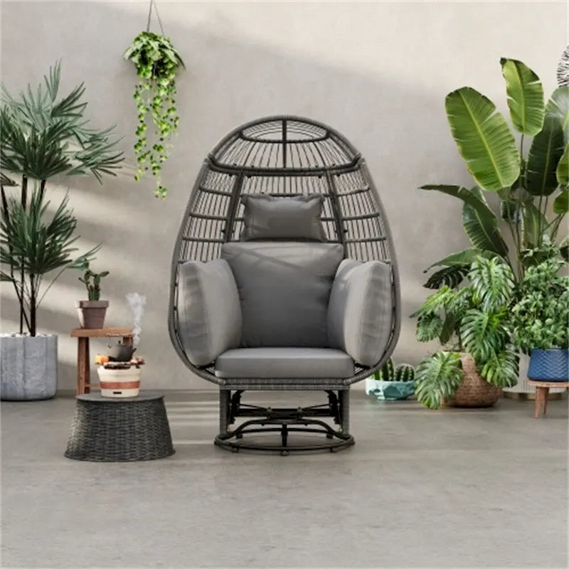 Drehbarer Ei-Sessel aus Rattan für die Terrasse, mit Kissen und Schaukel-Funktion