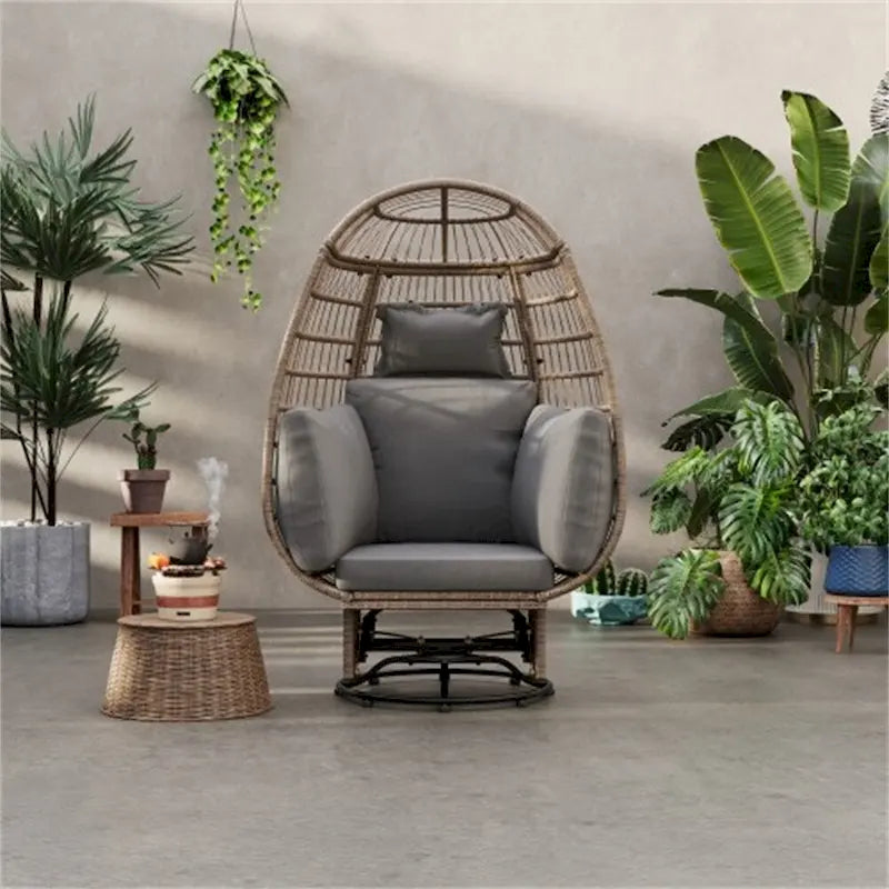 Drehbarer Ei-Sessel aus Rattan für die Terrasse, mit Kissen und Schaukel-Funktion
