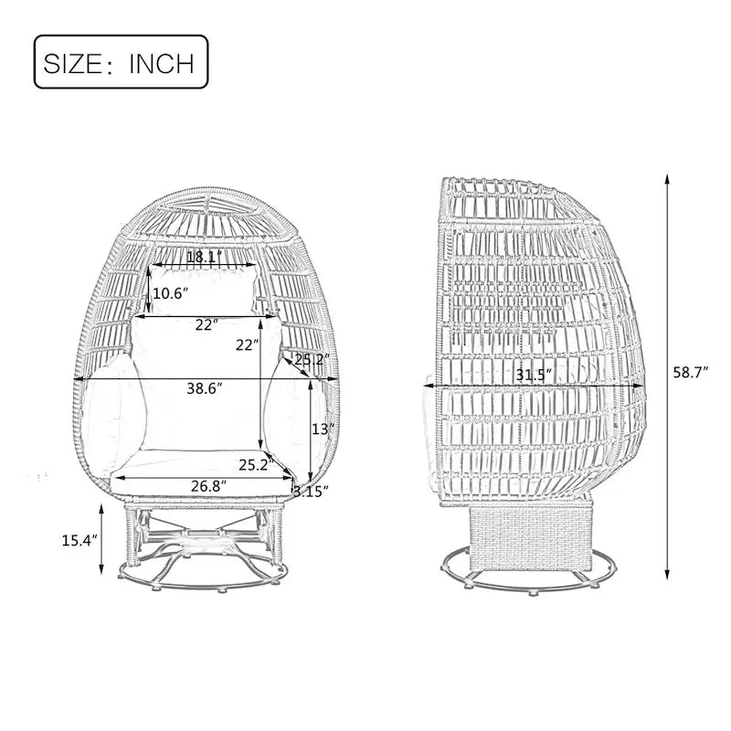 Fauteuil pivotant œuf en rotin pour terrasse, avec coussins et fonction bascule