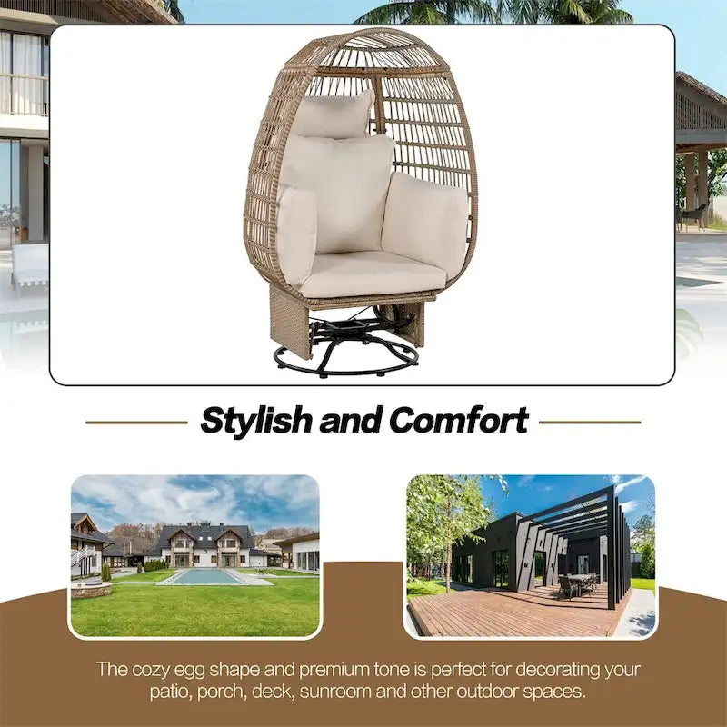 Fauteuil pivotant œuf en rotin pour terrasse, avec coussins et fonction bascule