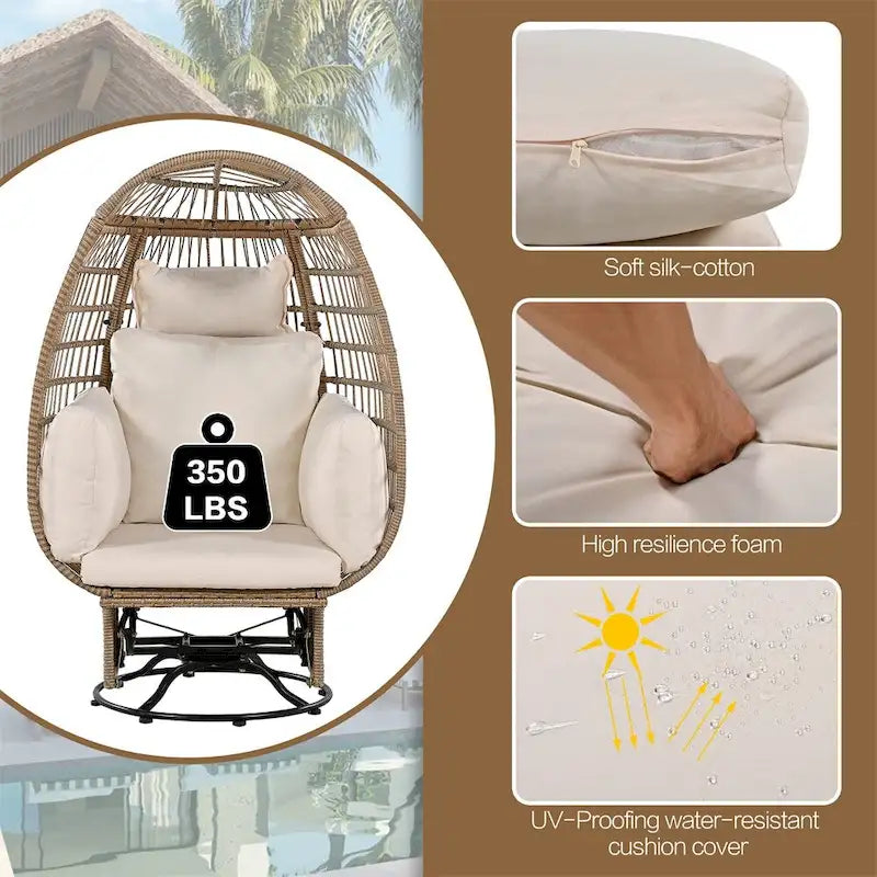Fauteuil pivotant œuf en rotin pour terrasse, avec coussins et fonction bascule