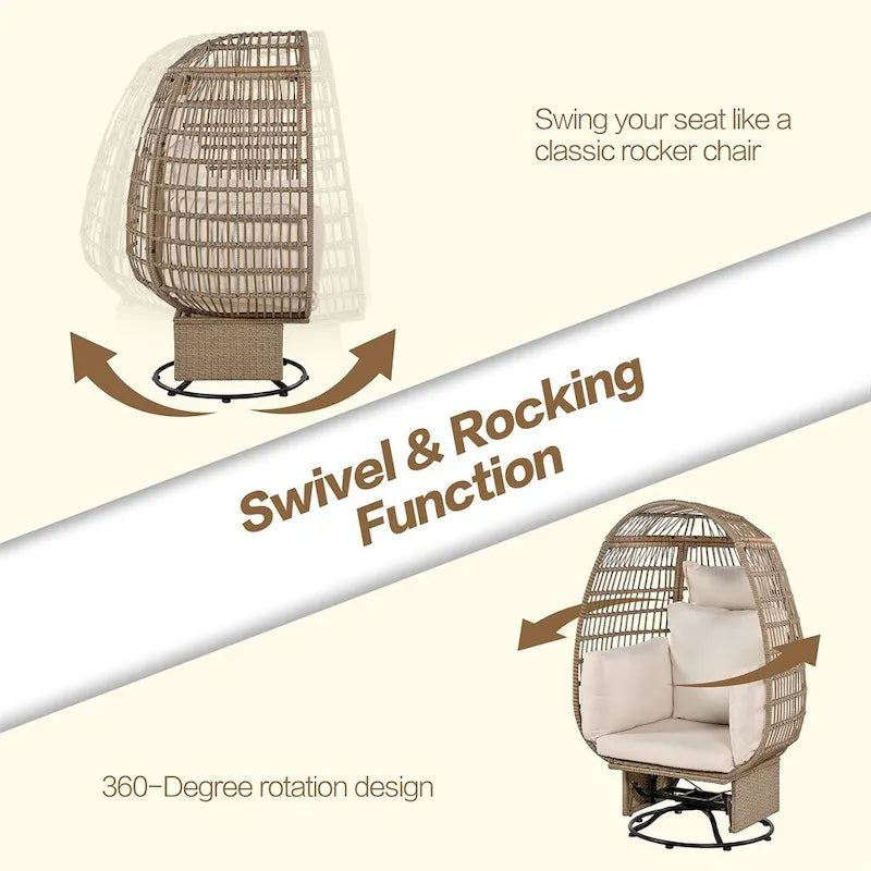 Fauteuil pivotant œuf en rotin pour terrasse, avec coussins et fonction bascule