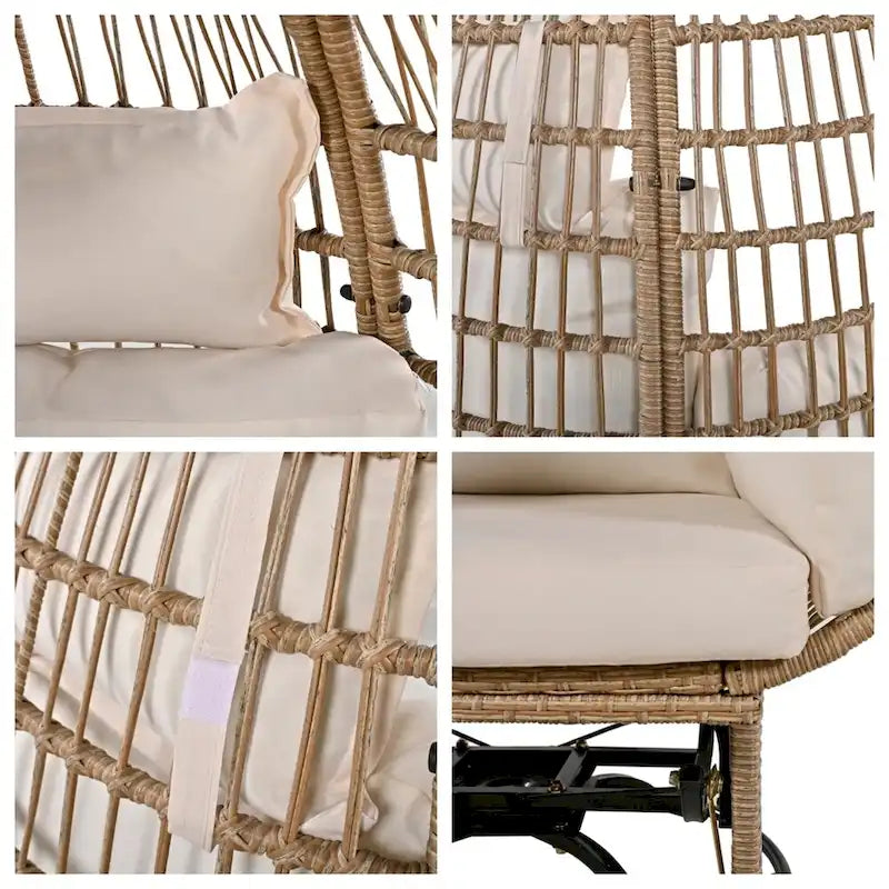 Fauteuil pivotant œuf en rotin pour terrasse, avec coussins et fonction bascule