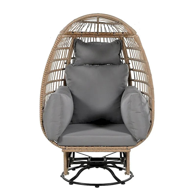 Fauteuil pivotant œuf en rotin pour terrasse, avec coussins et fonction bascule