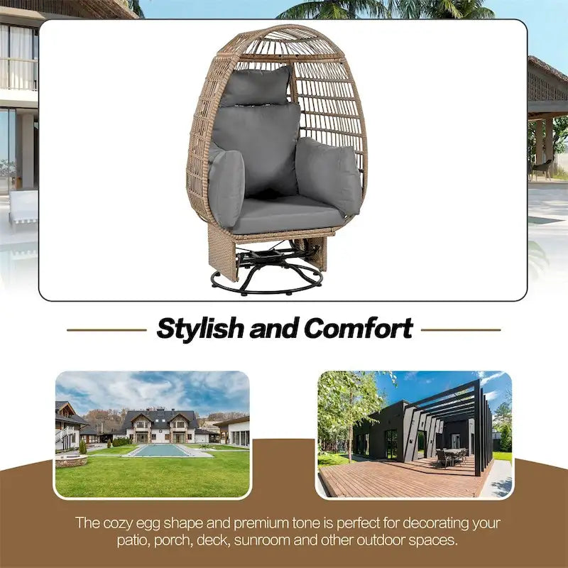 Fauteuil pivotant œuf en rotin pour terrasse, avec coussins et fonction bascule