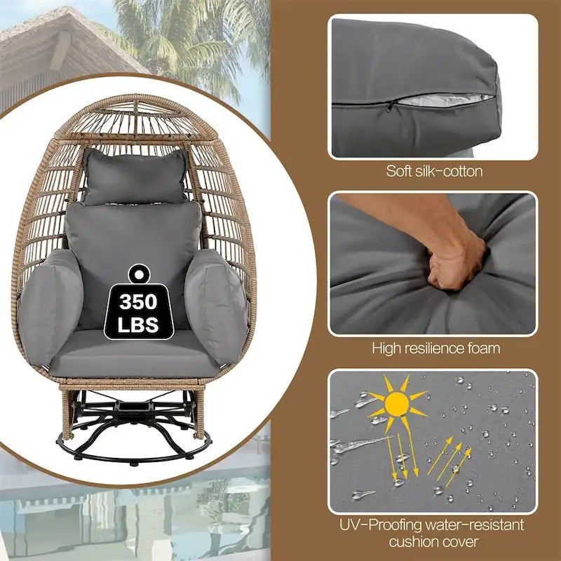 Fauteuil pivotant œuf en rotin pour terrasse, avec coussins et fonction bascule