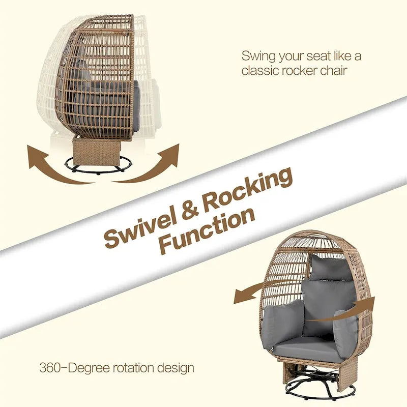Fauteuil pivotant œuf en rotin pour terrasse, avec coussins et fonction bascule