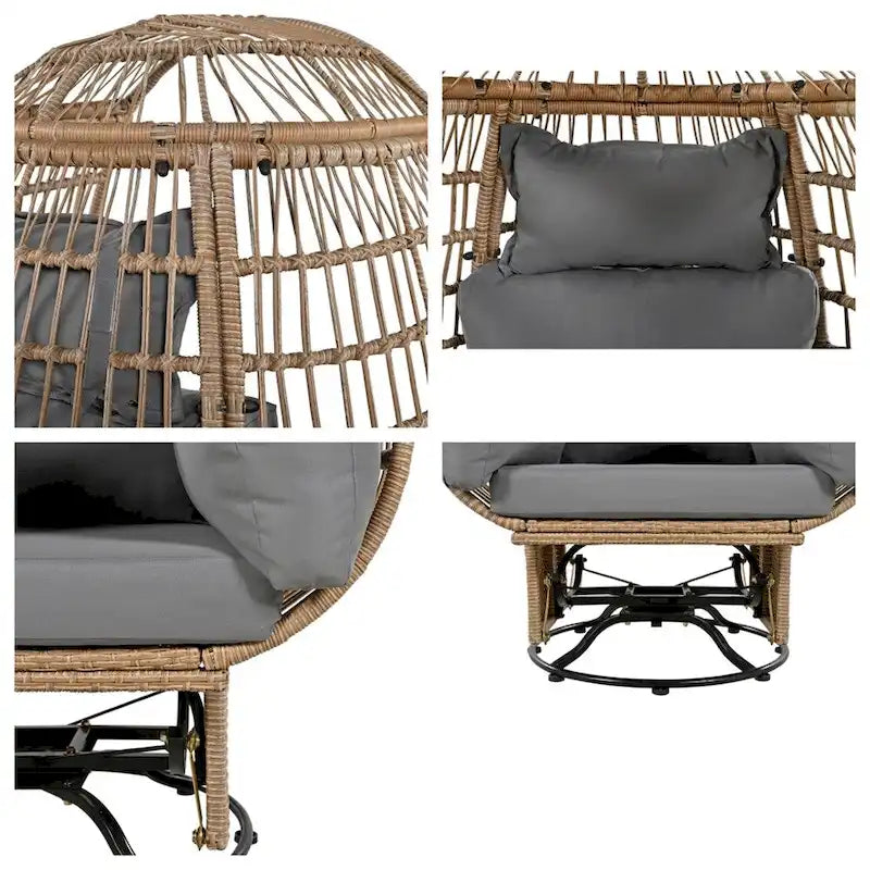 Fauteuil pivotant œuf en rotin pour terrasse, avec coussins et fonction bascule