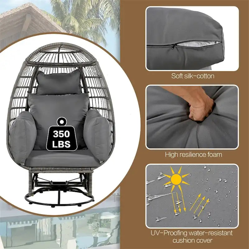 Fauteuil pivotant œuf en rotin pour terrasse, avec coussins et fonction bascule