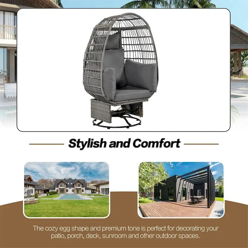 Fauteuil pivotant œuf en rotin pour terrasse, avec coussins et fonction bascule