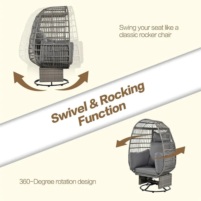 Fauteuil pivotant œuf en rotin pour terrasse, avec coussins et fonction bascule