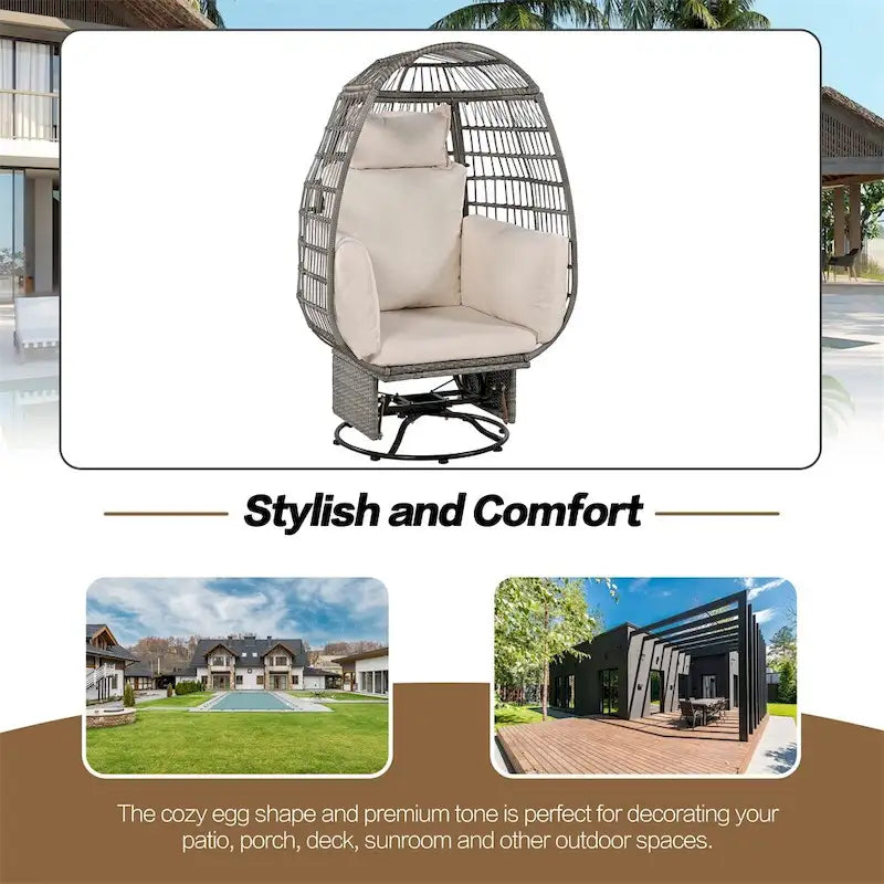 Fauteuil pivotant œuf en rotin pour terrasse, avec coussins et fonction bascule