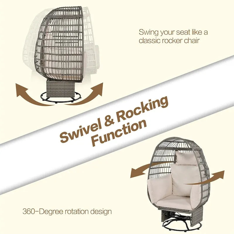 Fauteuil pivotant œuf en rotin pour terrasse, avec coussins et fonction bascule