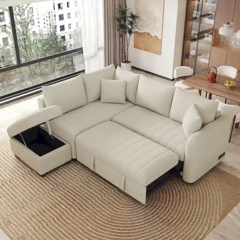 Canapé d’angle convertible rembourré avec pouf de rangement mobile, canapé-lit d’angle en forme de L avec lit escamotable