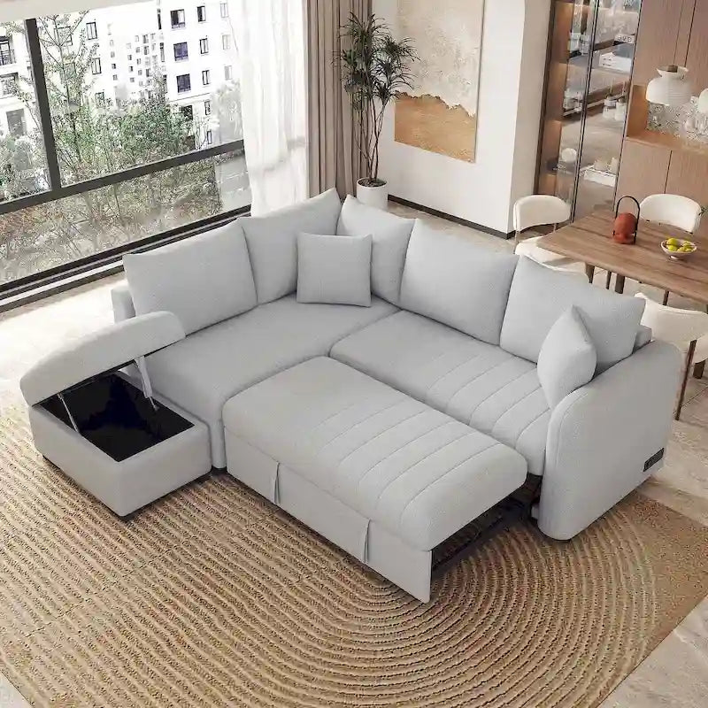 Canapé d’angle convertible rembourré avec pouf de rangement mobile, canapé-lit d’angle en forme de L avec lit escamotable