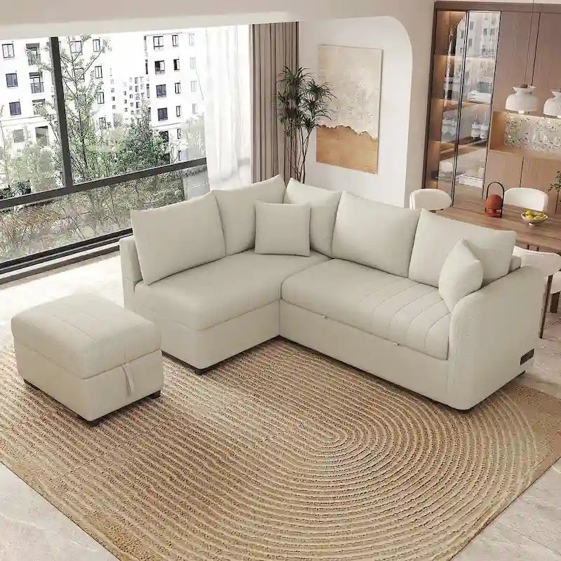 Sofá seccional cama tapizado con otomana de almacenamiento móvil, sofá cama seccional extraíble en forma de L