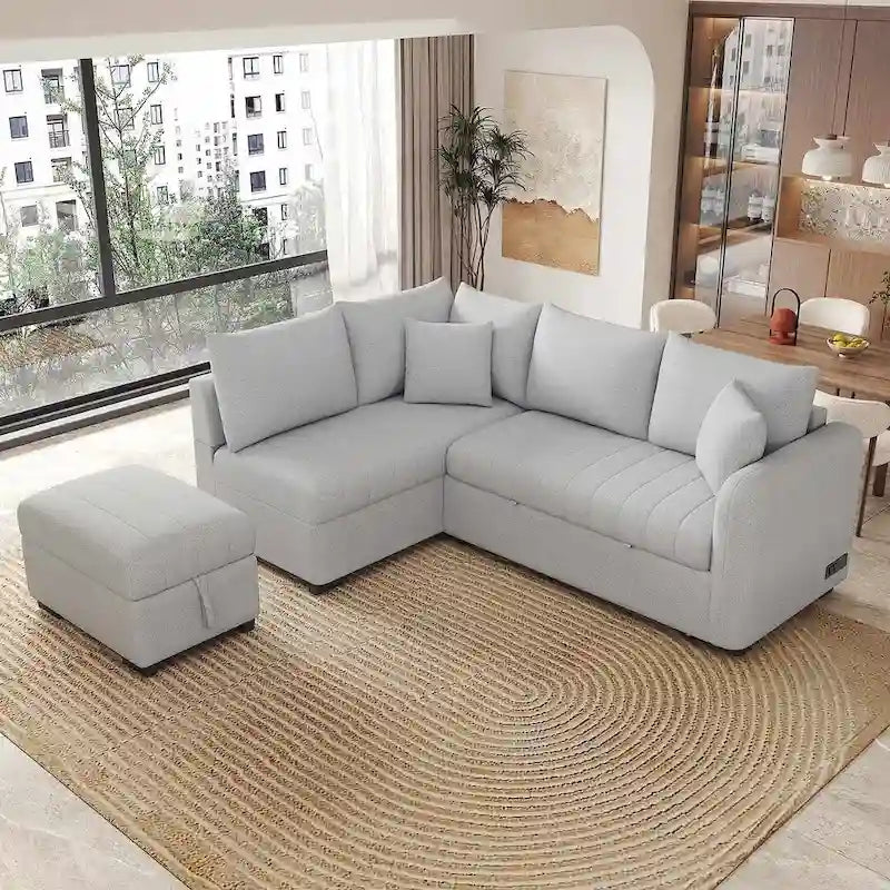 Sofá seccional cama tapizado con otomana de almacenamiento móvil, sofá cama seccional extraíble en forma de L