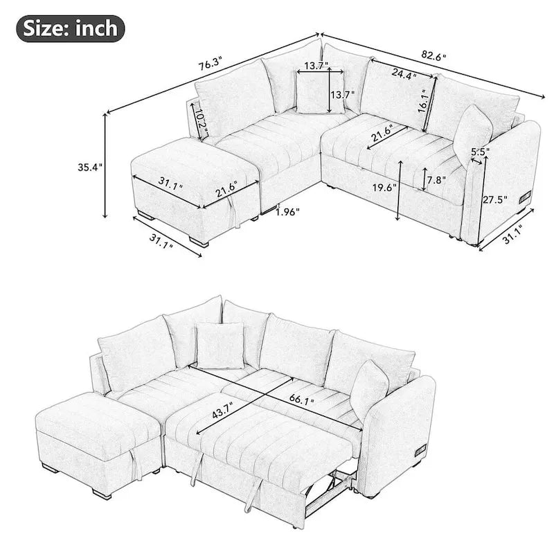 Sofá seccional cama tapizado con otomana de almacenamiento móvil, sofá cama seccional extraíble en forma de L