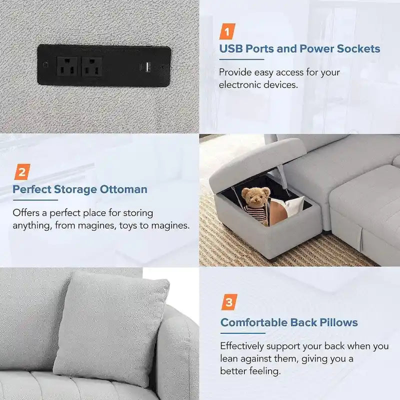 Sofá seccional cama tapizado con otomana de almacenamiento móvil, sofá cama seccional extraíble en forma de L