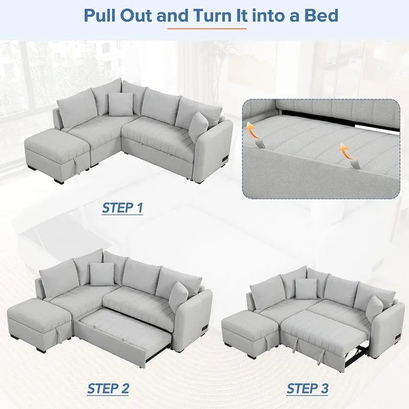 Sofá seccional cama tapizado con otomana de almacenamiento móvil, sofá cama seccional extraíble en forma de L