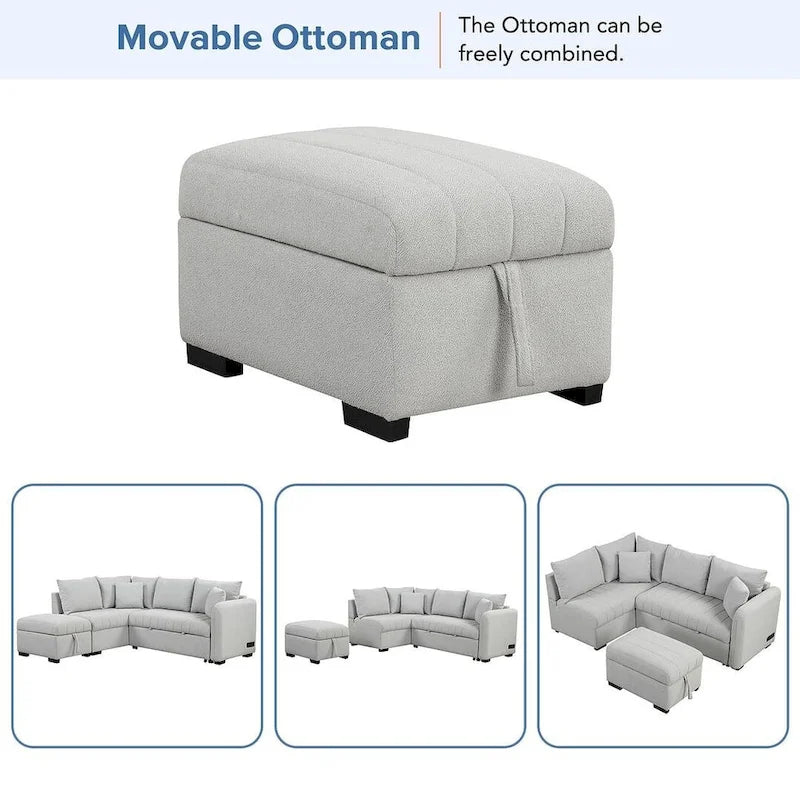 Sofá seccional cama tapizado con otomana de almacenamiento móvil, sofá cama seccional extraíble en forma de L