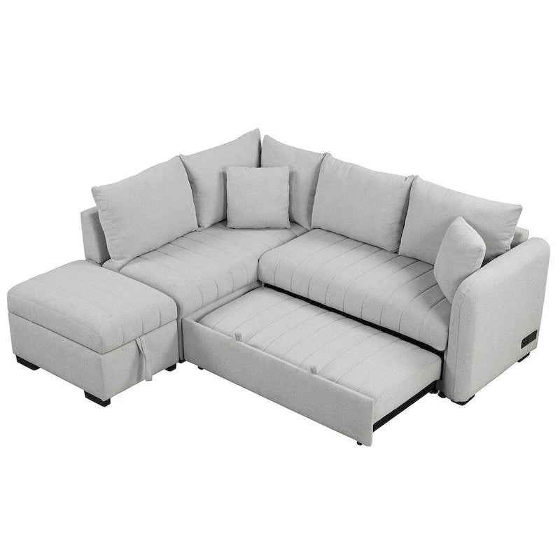Sofá seccional cama tapizado con otomana de almacenamiento móvil, sofá cama seccional extraíble en forma de L