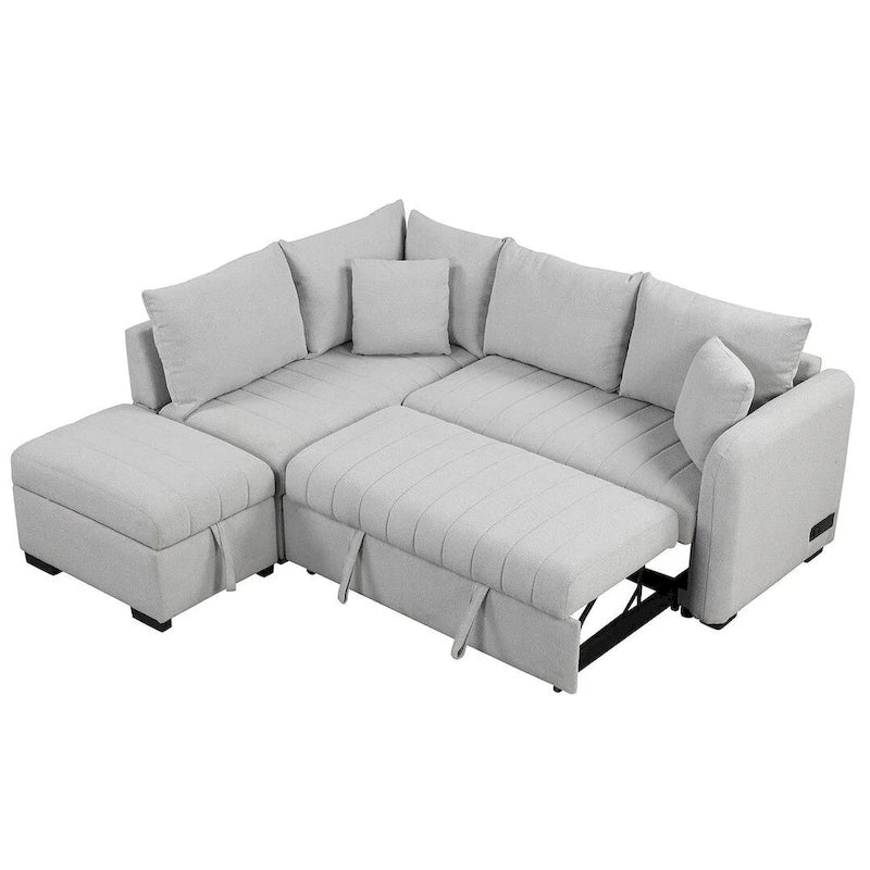 Sofá seccional cama tapizado con otomana de almacenamiento móvil, sofá cama seccional extraíble en forma de L