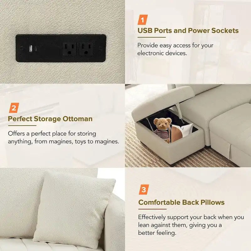 Sofá seccional cama tapizado con otomana de almacenamiento móvil, sofá cama seccional extraíble en forma de L