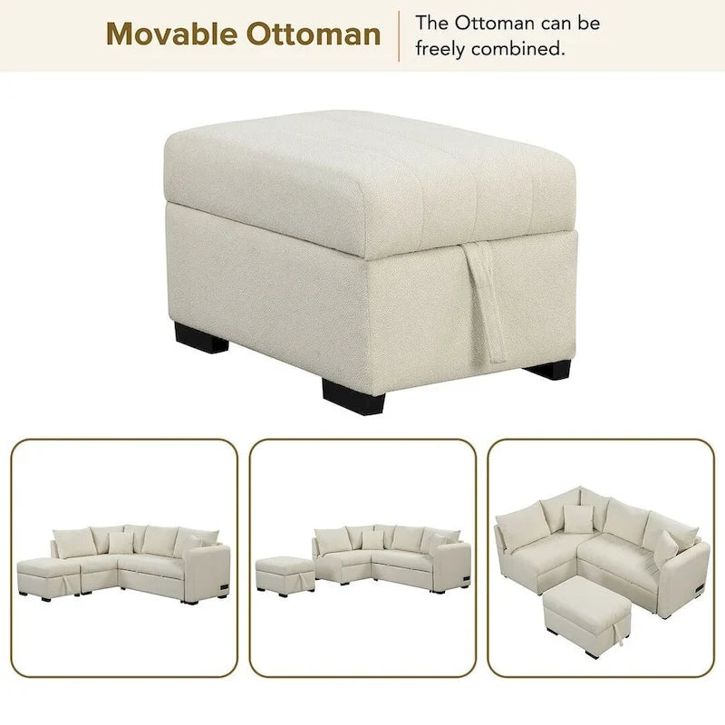 Sofá seccional cama tapizado con otomana de almacenamiento móvil, sofá cama seccional extraíble en forma de L
