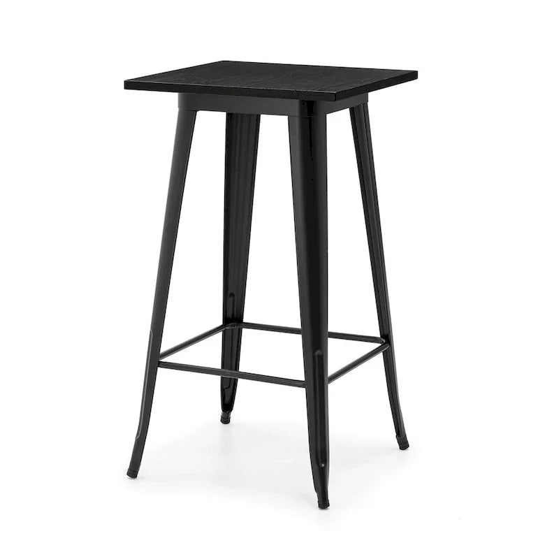 Mesa de bar de estilo industrial rústico con estructura de acero y superficie de madera