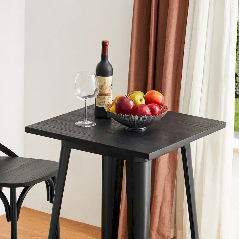 Mesa de bar de estilo industrial rústico con estructura de acero y superficie de madera