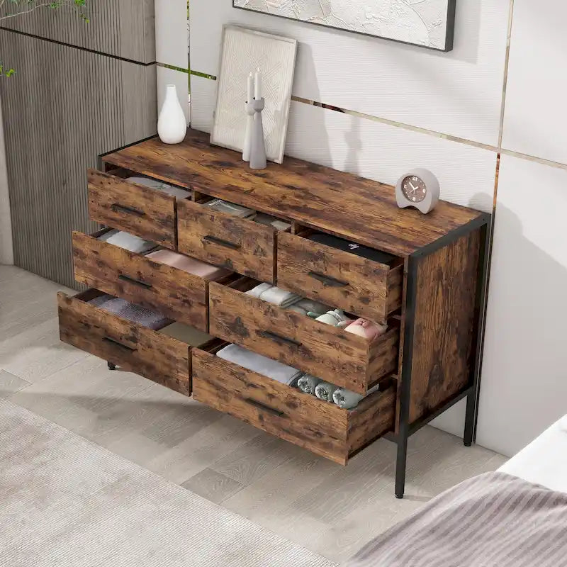 Cómoda de madera con 7 cajones, armario de almacenamiento de madera para dormitorio, armario ropero sólido con resistente estructura de acero
