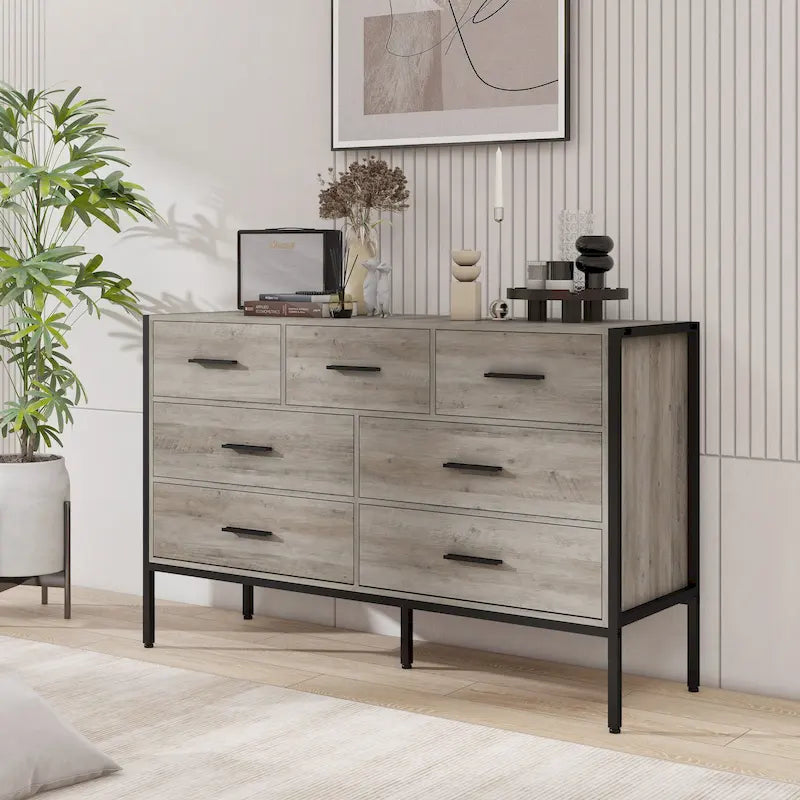 Commode en bois à 7 tiroirs, meuble de rangement en bois pour chambre, armoire à vêtements solide avec cadre en acier robuste