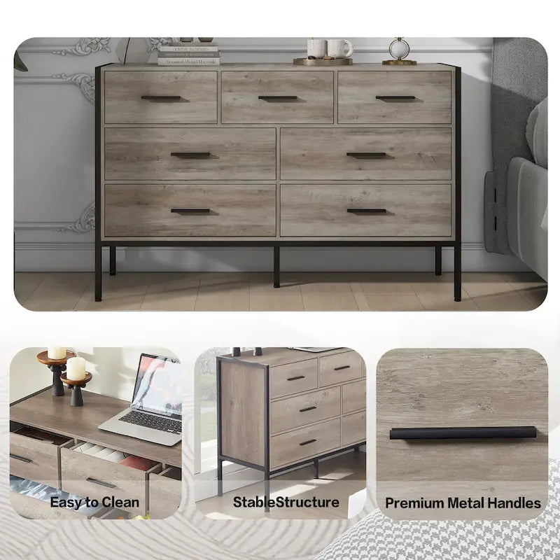 Commode en bois à 7 tiroirs, meuble de rangement en bois pour chambre, armoire à vêtements solide avec cadre en acier robuste